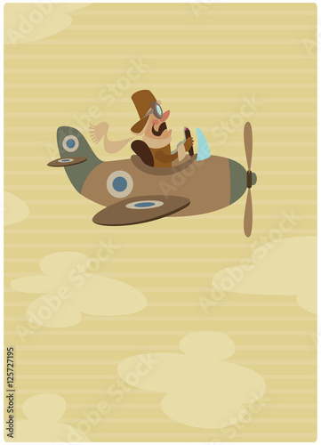 Cartoon retro pilot aviator on his vintage airplane on flight