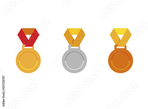 Set of medals icons; Gold medal icon; Silver medal icon; Bronze medal icon; sport award; sports victory emblem; vector illustration isolated on white; Summer Olympic games in Rio de Janeiro 2016