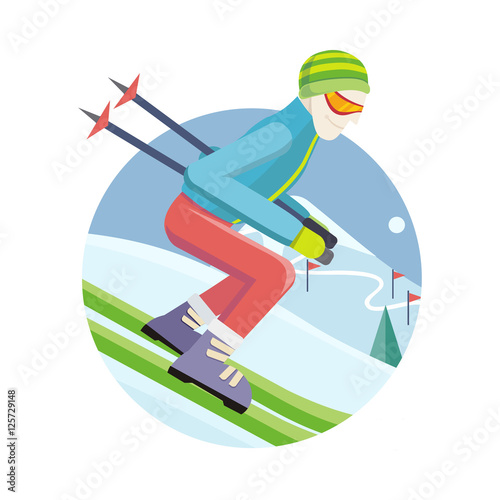 Skier on Slope Vector Illustration in Flat Design