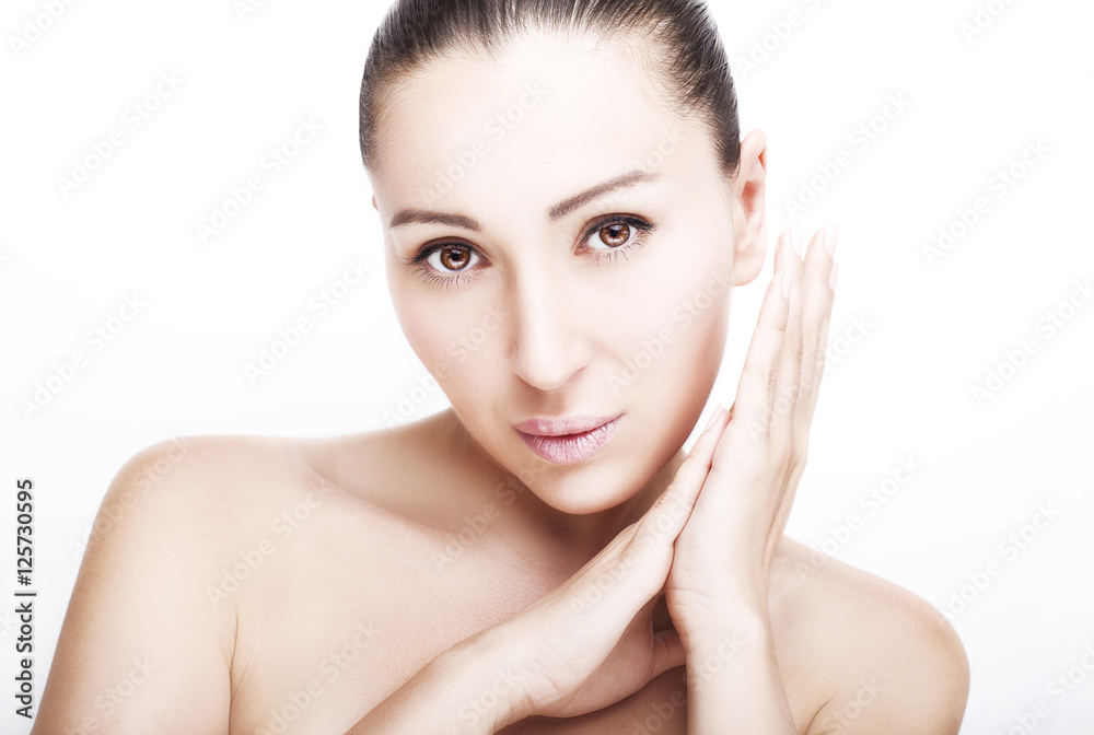 Front portrait of beautiful face with beautiful closed eyes -isolated on white Front portrait of beautiful face with beautiful closed eyes -isolated on white