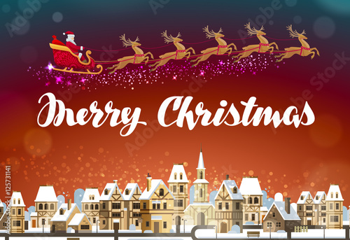 Merry Christmas. Santa Claus in sleigh flying over town