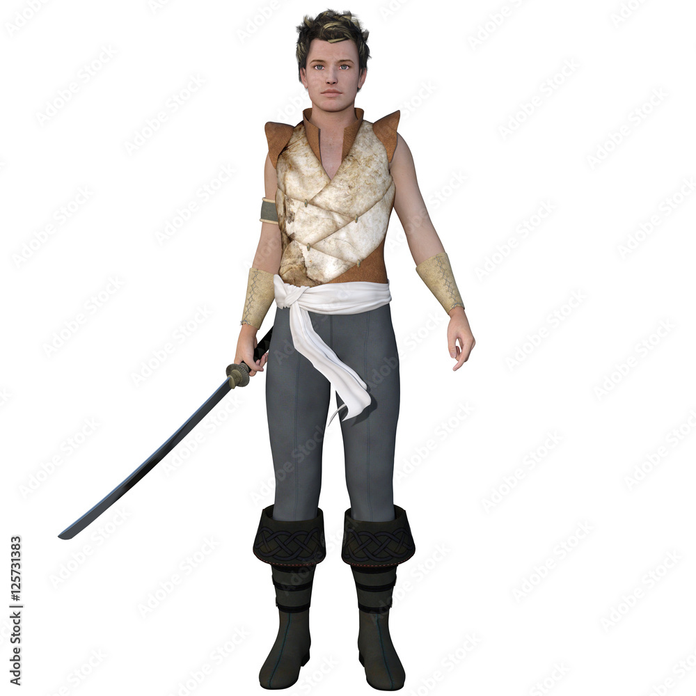 A warrior from an ancient time in light armor with a sword. He stands straight and looking straight ahead at the camera