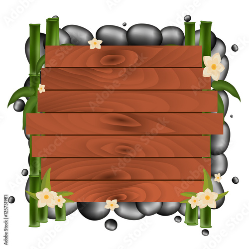 Spa salon banner with stones. Thai Massage. Wooden frame. Vector illustration.