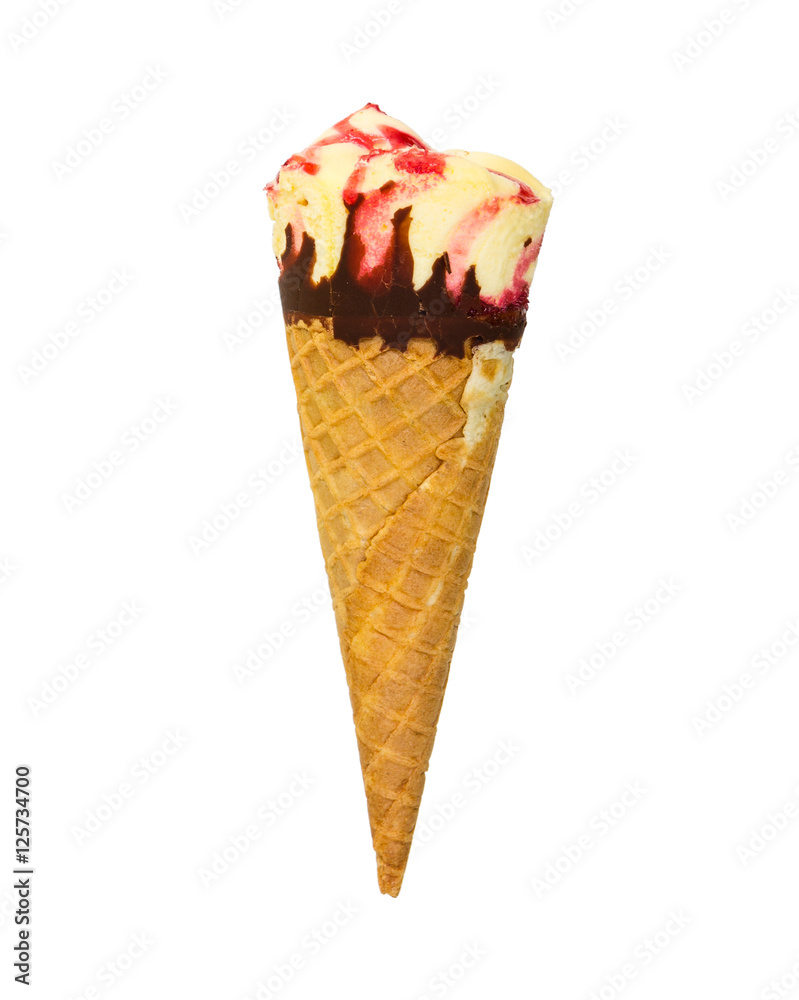 Banana-strawberry ice cream in waffle cone Banana-strawberry ice cream in waffle cone