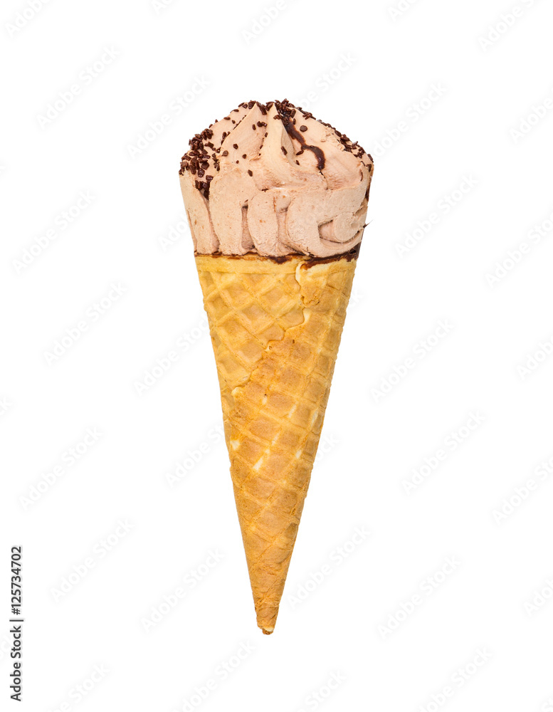 Chocolate ice cream with chocolate decoration in waffle cone Chocolate ice cream with chocolate decoration in waffle cone
