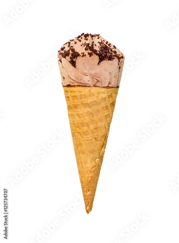 Chocolate ice cream with chocolate decoration in waffle cone