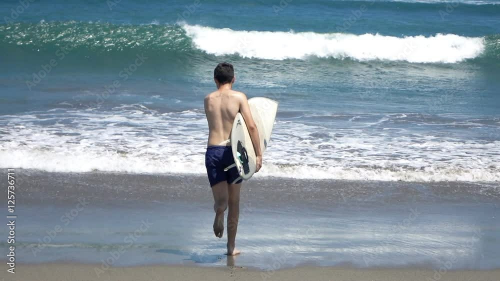 Young boy with surfing board running into sea, super slow motion 120fps
Young boy with surfing board running into sea, super slow motion 120fps