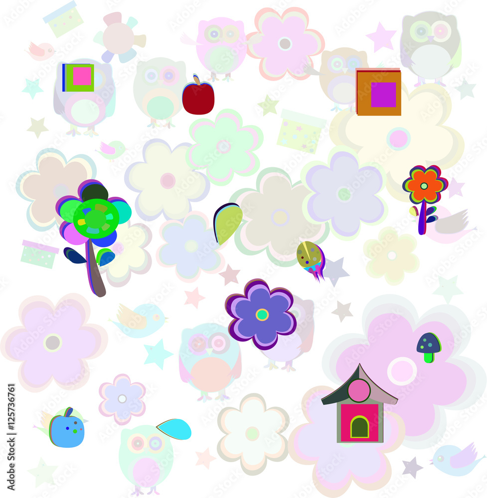 retro flowers and owl kids background pattern, retro flowers and owl kids background pattern,