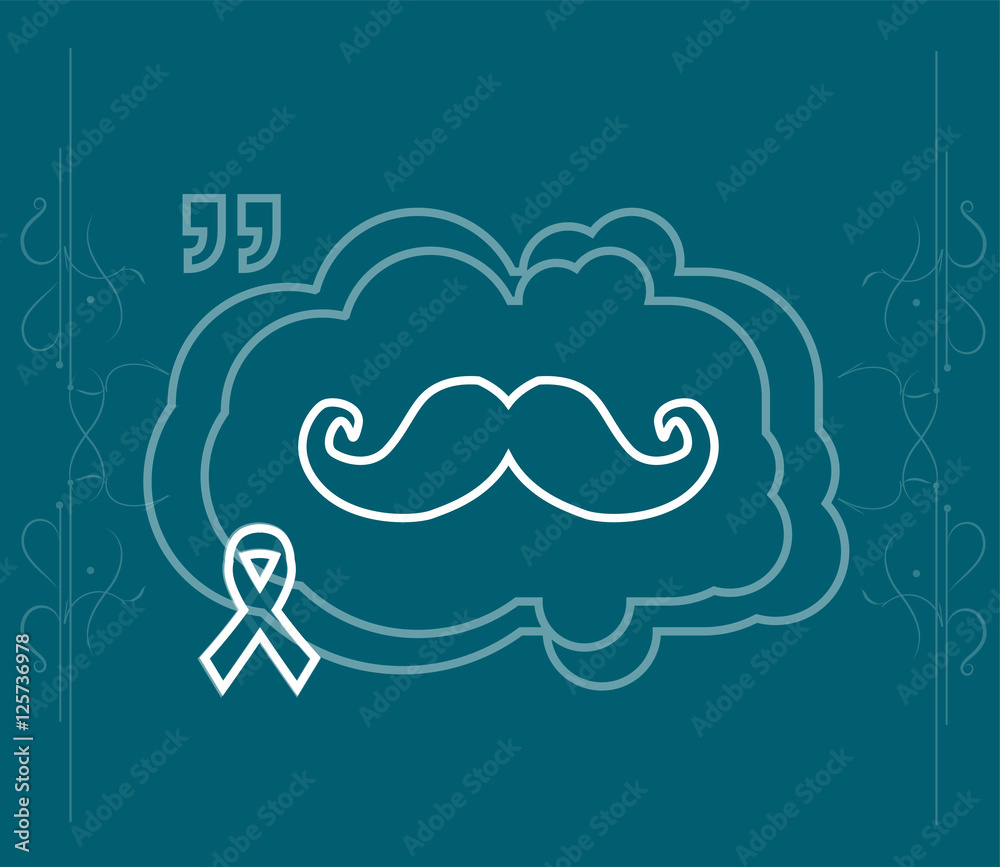 Prostate cancer ribbon awareness on blue background. white ribbon with mustache. Graves Disease, Prostate cancer ribbon awareness on blue background. white ribbon with mustache. Graves Disease,