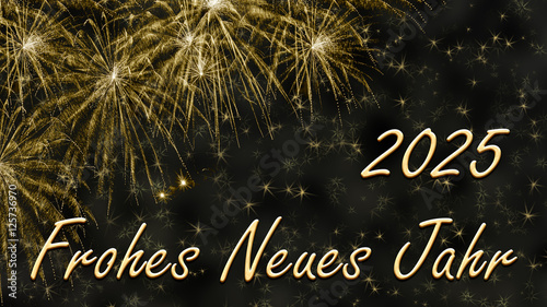 Silvesterkarte "Frohes neues Jahr 2025" mit goldenem Feuerwerk 