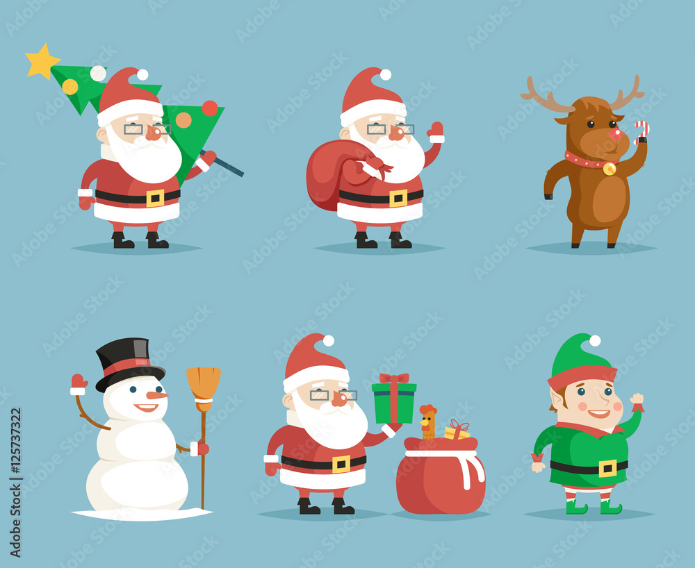 Elf Deer Snowman Santa Claus Cartoon Characters Christmas New Year Icons Set Flat Design Vector Illustration