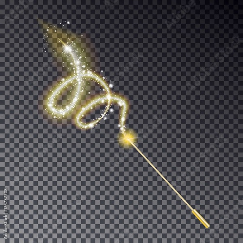 Vector illustration of magic wand. Isolated on black transparent background. Transparent light effect. Miracle magician wand magical stick with sparkle magic lights. Xmas winter mystery miracle