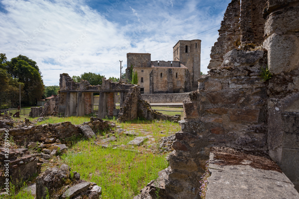 ORADOUR-SUR-GLANE, FRANCE  25 AUG 2014 The church of Oradour-sur-Glane destroyed by Waffen-SS in 1944 during World War 2 as reprisals against partisans shown as at 25 Aug 2014