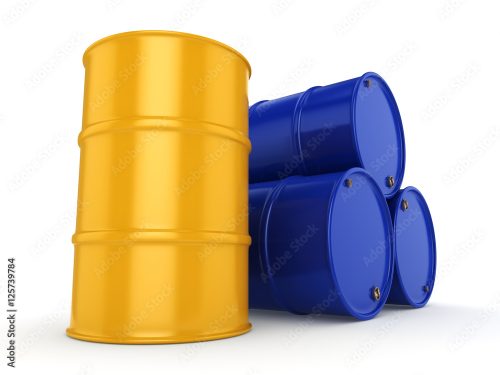 3D rendering blue and yellow barrels 3D rendering blue and yellow barrels