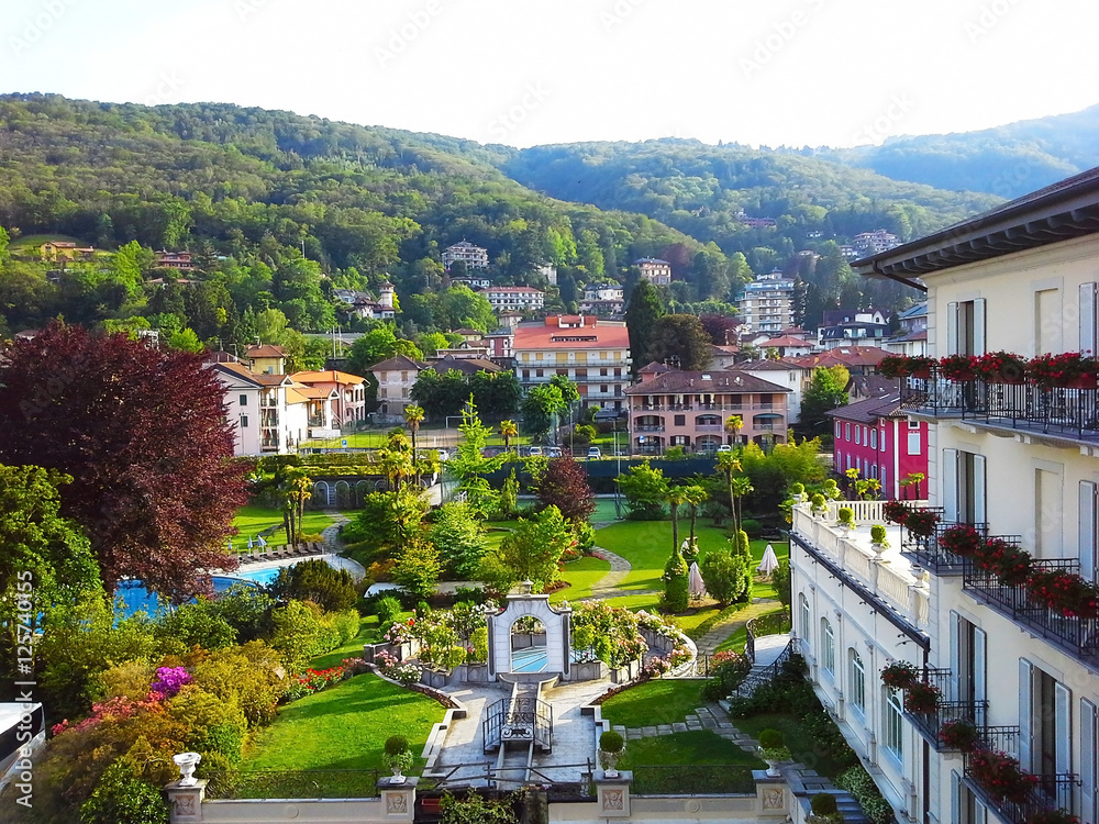 beautiful panorama, landscape blooming roses, Piedmont, Stresa, Italy