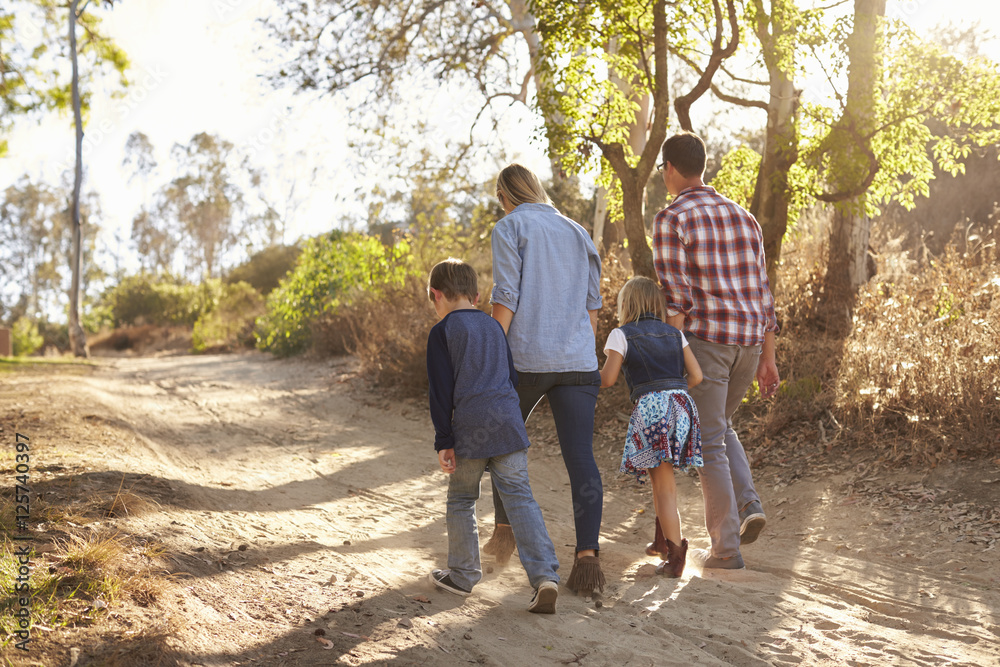 Young white family walking on a path in sunlight, back view Young white family walking on a path in sunlight, back view