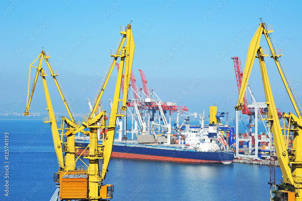 Bulk cargo ship under port crane Bulk cargo ship under port crane
