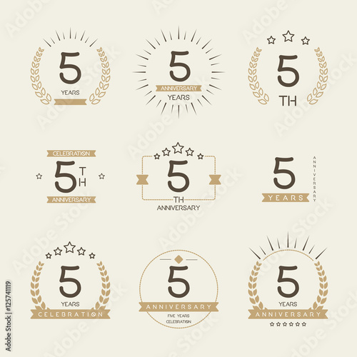Five years anniversary celebration logotype. 5th anniversary logo set.