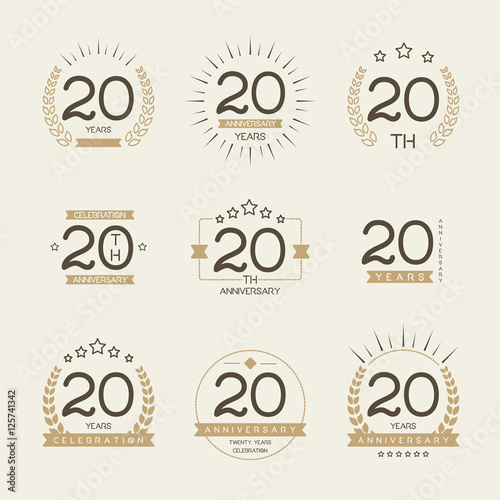 Twenty years anniversary celebration logotype. 20th anniversary logo set.