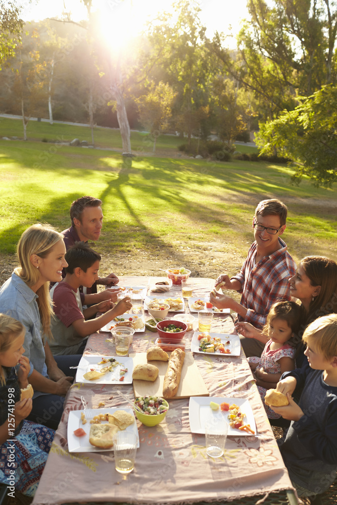 © Monkey Business - Two families having picnic at a table in a park, vertical