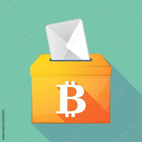 Long shadow coloured ballot box icon with a bit coin sign