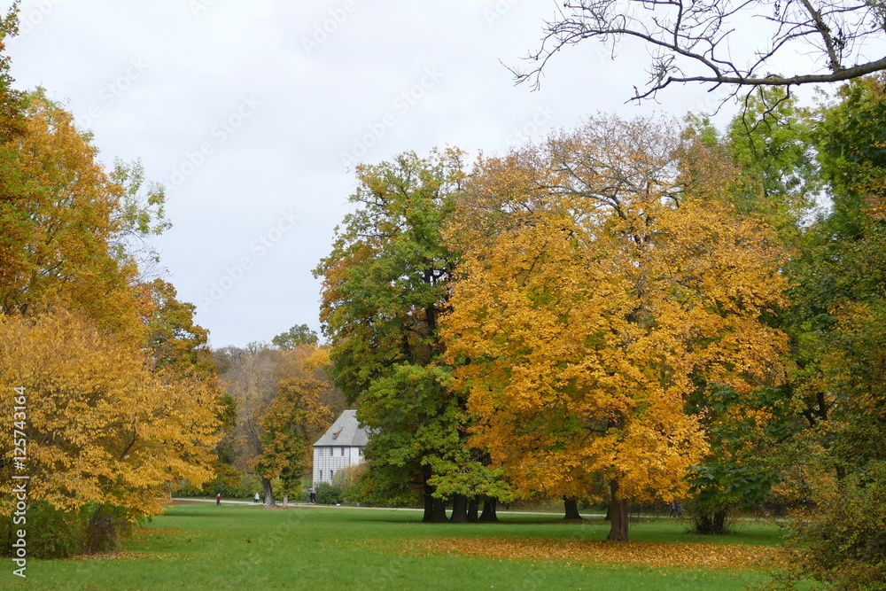 Park an der Ilm/Weimar im Herbst mit Blick auf Goethes Gartenhaus 