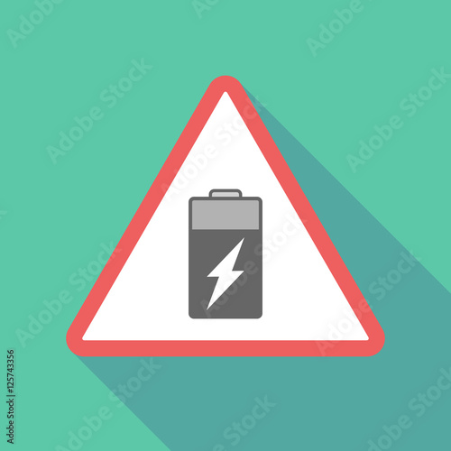 Long shadow triangular warning sign icon with a battery