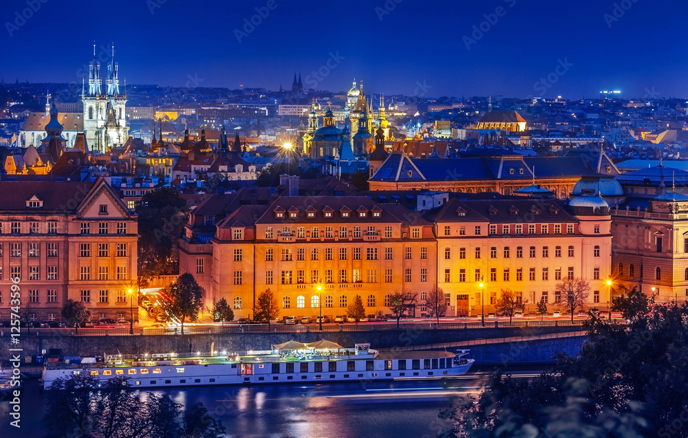 Sunset landscape view to Vltava river in Prague