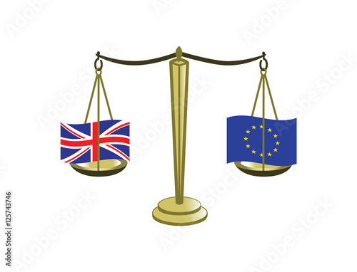 Vector image of justice scales balancing the UK and the EU flag