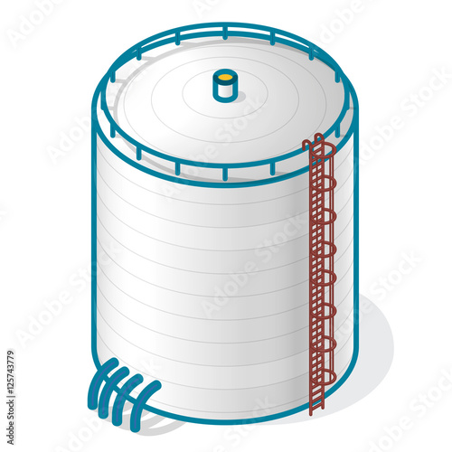 Tank for storing water, gas, oil, oxygen and other solid fuels. Part of wastewater treatment plant, WWTP. Isometric vector symbol for water management, gasometer or deal with fuel and drinking water.