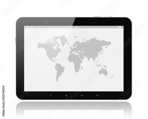Tablet PC with world map on white background