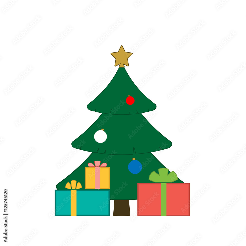 Christmas tree with balls, star, gift. Cartoon icon. Green silhouette decoration sign, isolated on white background. Flat design. Symbol holiday, Christmas, New Year celebration Vector illustration Christmas tree with balls, star, gift. Cartoon icon. Green silhouette decoration sign, isolated on white background. Flat design. Symbol holiday, Christmas, New Year celebration Vector illustration