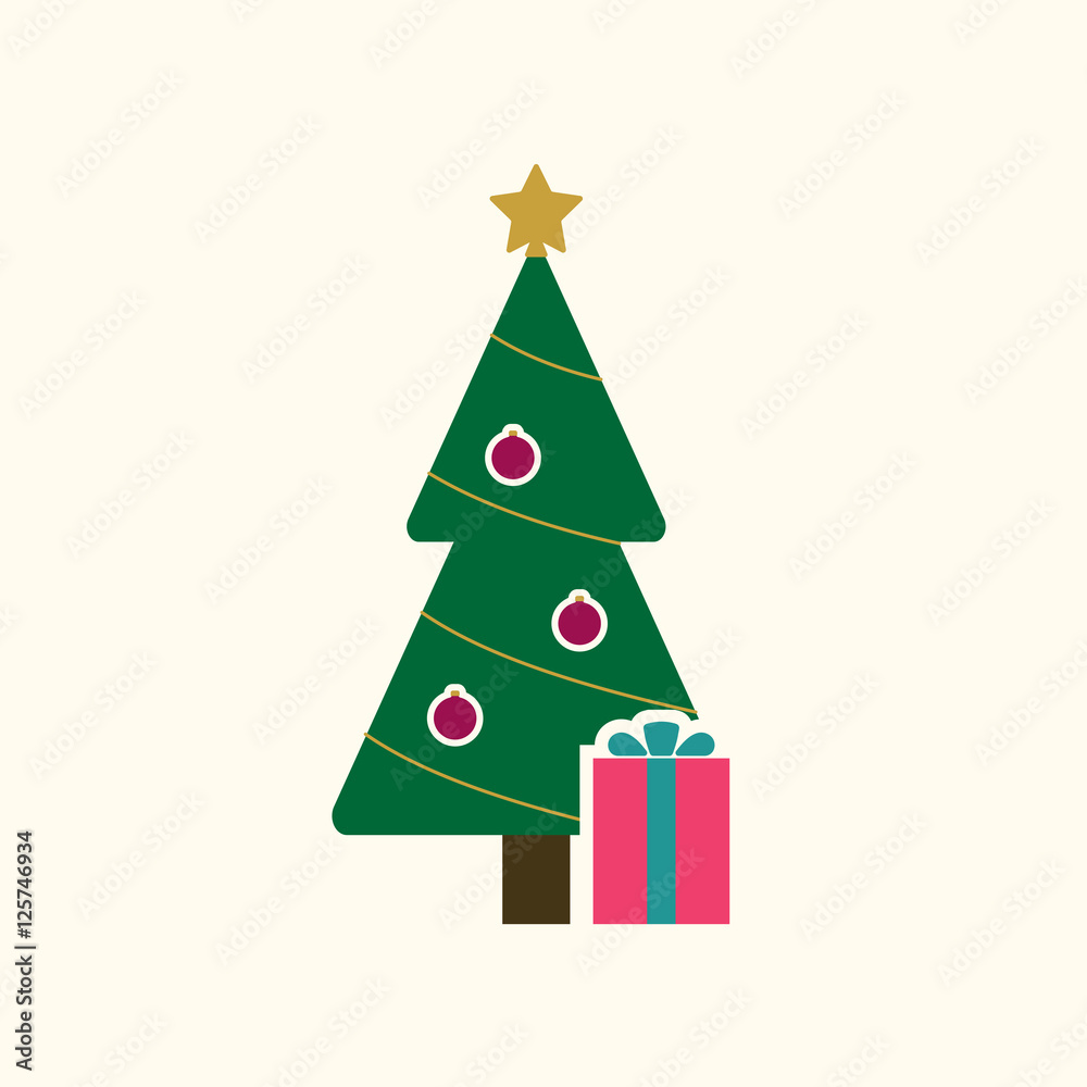 Christmas tree with balls, star, gift. Cartoon icon. Green silhouette decoration sign, isolated on white background. Flat design. Symbol holiday, Christmas, New Year celebration Vector illustration Christmas tree with balls, star, gift. Cartoon icon. Green silhouette decoration sign, isolated on white background. Flat design. Symbol holiday, Christmas, New Year celebration Vector illustration