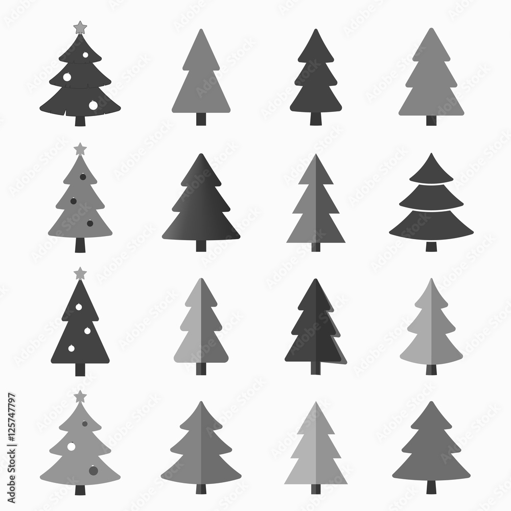 Christmas tree cartoon icons set. Black silhouette decoration trees signs, isolated on white background. Flat design. Symbol of holiday, winter, Christmas celebration, New Year Vector illustration