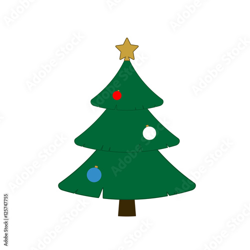 Christmas tree with balls, star. Cartoon icon. Green silhouette decoration sign, isolated on white background. Flat design. Symbol of holiday, Christmas, New Year celebration. Vector illustration