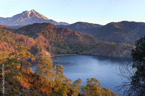 Turkish landscape with Olympos mountain, beach green forest