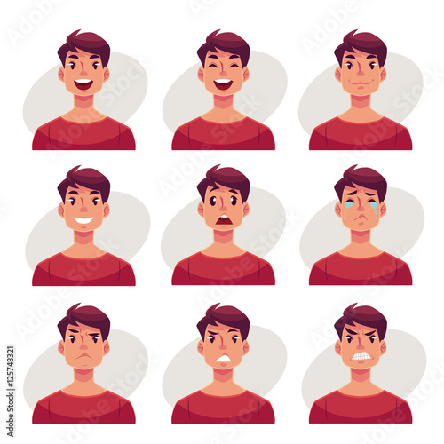 Young man face expression, set of cartoon vector illustrations isolated on gray background. Handsome boy emoji face icons, human expressions, set of male avatars with different emotions