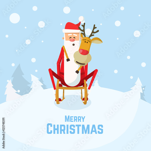 Christmas illustration of Santa Claus and reindeer sledging ride. Santa Claus Cartoon Character. Christmas card with Santa Claus.