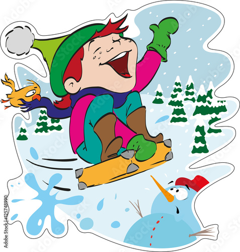 Sledding boy. Kid sledding in the snow with a suitcase