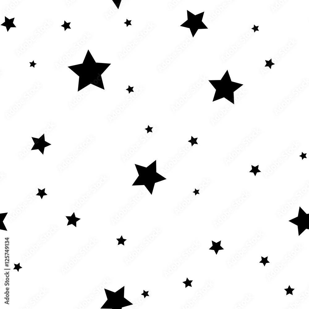 Star seamless pattern. Black and white retro background. Chaotic elements. Abstract geometric shape texture. Effect of sky. Design template for wallpaper, wrapping, fabric, textile Vector Illustration