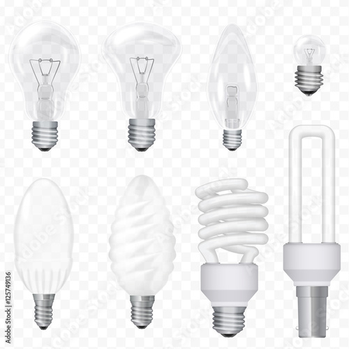 Vector realistic energy saving light bulbs lamps isolated on the transperant background. Lightbulb set.