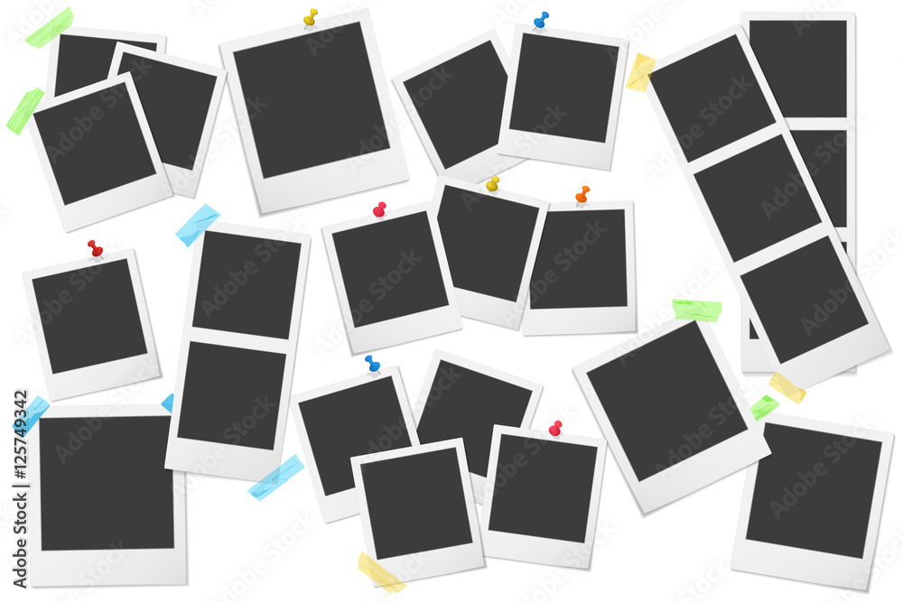 Realistic vector photo frame with on sticky tape and pins collection. Different Template photo design combinations. Realistic vector photo frame with on sticky tape and pins collection. Different Template photo design combinations.