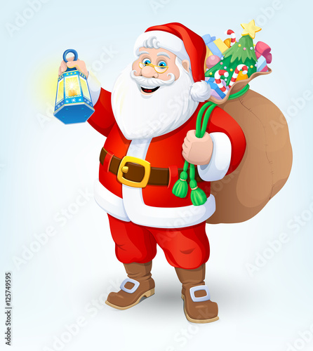 Christmas. Santa Claus with a flashlight and a bag of gifts. Vector illustration. © Paslauskaya