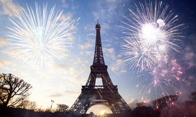 Abstract background of Eiffel tower with fireworks