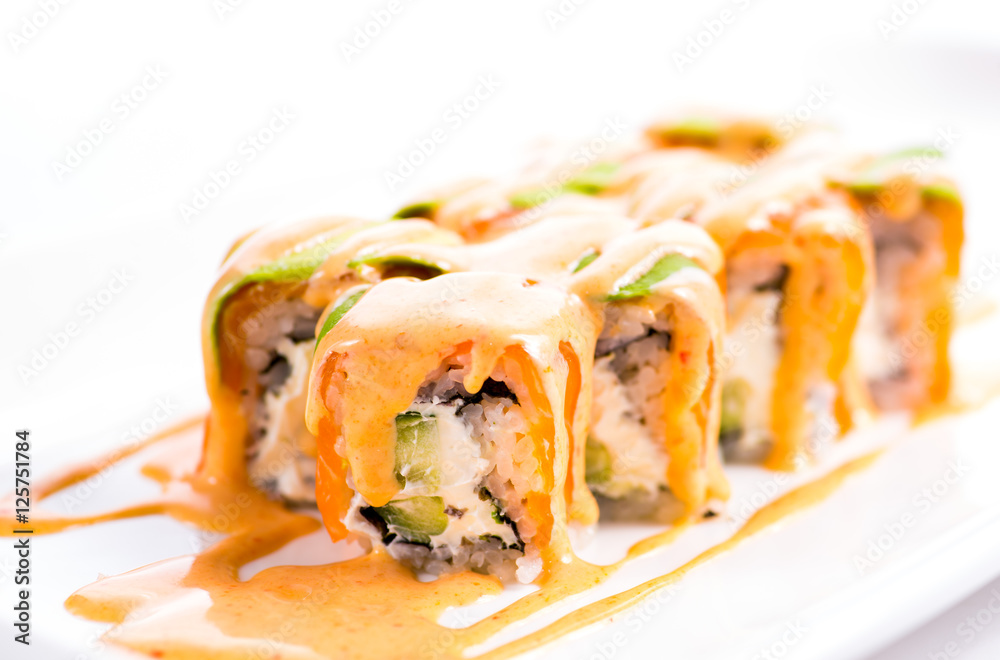Japanese sushi with fish on a white background Japanese sushi with fish on a white background