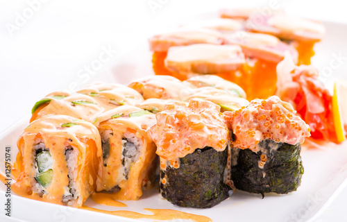 Japanese sushi with fish on a white background