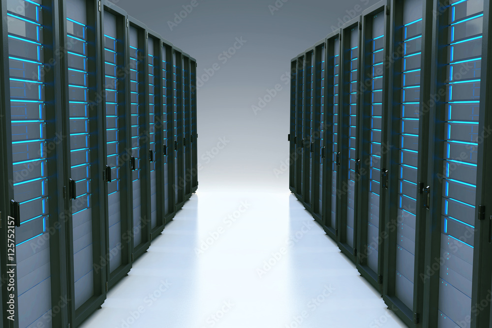 Fototapeta premium Rows of network servers in data center with reflection effect