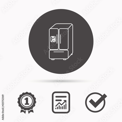 American fridge icon. Refrigerator with ice sign. Report document, winner award and tick. Round circle button with icon. Vector