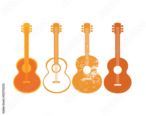 Template for Design Poster. Acoustic guitar silhouette set. Idea to announce Live Music event with guitars. Festival Acoustic Music promotion advertisement background. Vector illustration.