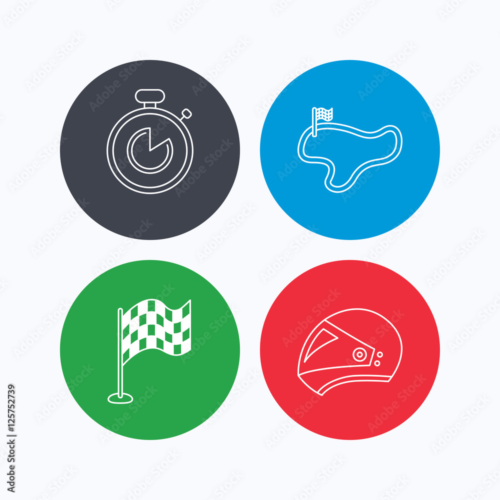 Race flag, timer and motorcycle helmet icons. Race lap linear sign. Linear icons on colored buttons. Flat web symbols. Vector Race flag, timer and motorcycle helmet icons. Race lap linear sign. Linear icons on colored buttons. Flat web symbols. Vector